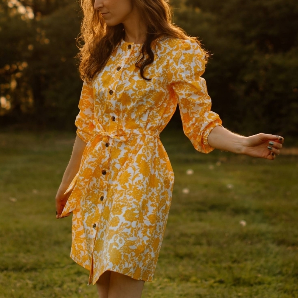 Yellow Floral Button-Front Women’s Dress